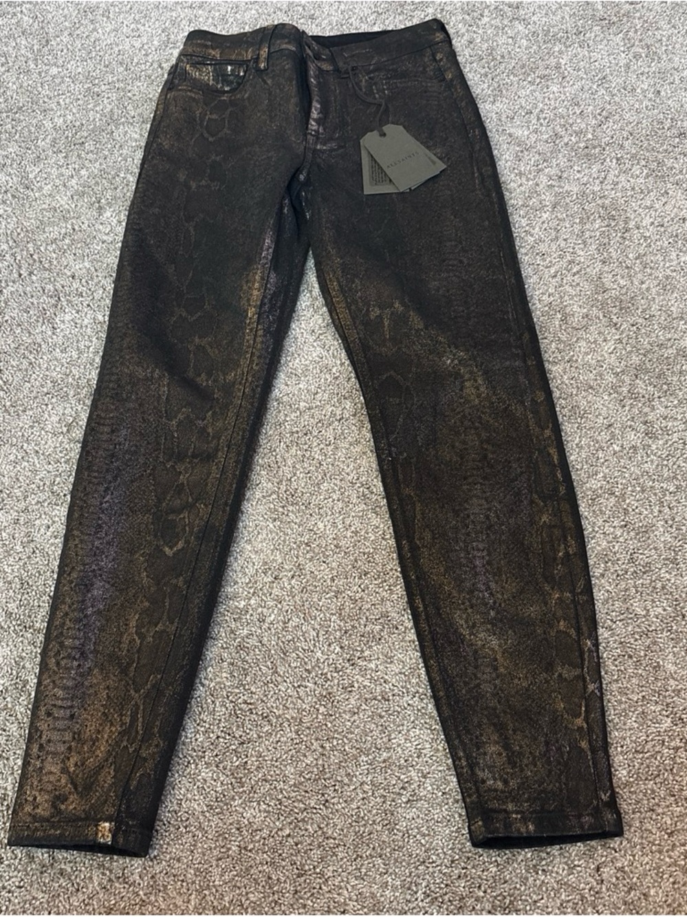 AllSaints Metallic Snake-Effect Skinny Jeans in Black and Bronze